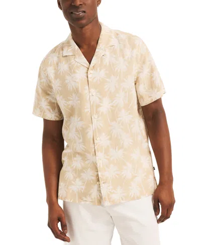 Nautica Men's Linen-blend Palm Print Short Sleeve Camp Shirt In Twill Chino