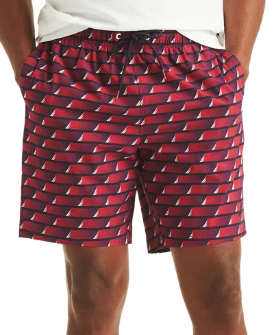 Nautica Men's Printed Drawstring Quick Dry 6" Swim Trunks In L Red