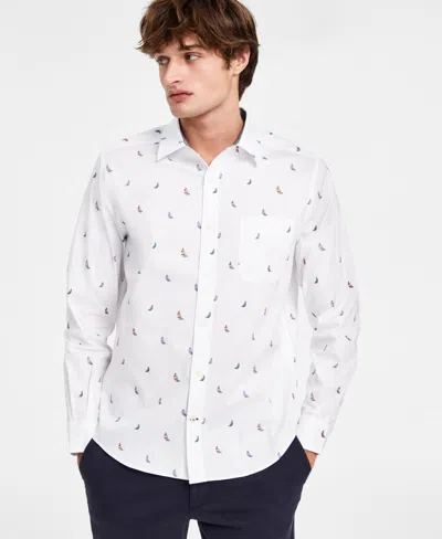 Nautica Men's Printed Long Sleeve Button Front Oxford Shirt In Bright White