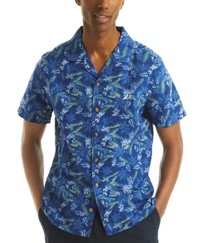 Nautica Men's Short Sleeve Button-front Tropical Leaf Print Camp Shirt In Riviera Blue