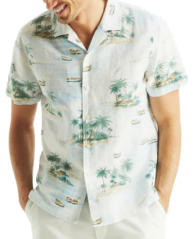 Nautica Men's Short Sleeve Button-front Tropical Print Camp Shirt In Bright White