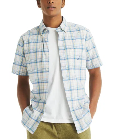 Nautica Men's Short Sleeve Plaid Button-down Shirt In Bright White