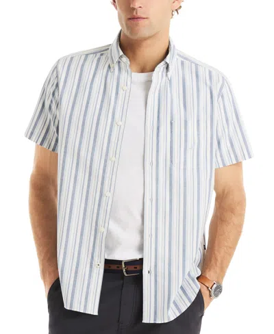 Nautica Men's Short Sleeve Striped Button-down Oxford Shirt In White