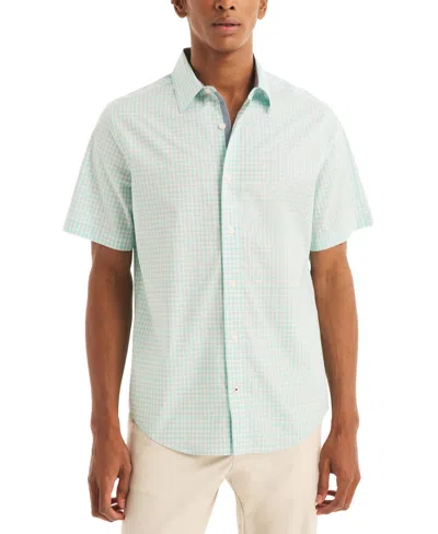 Nautica Men's Slim Fit Navtech Plaid Short Sleeve Button-front Shirt In Bright White