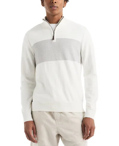 Nautica Men's Textured Quarter-zip Colorblocked Sweater In White