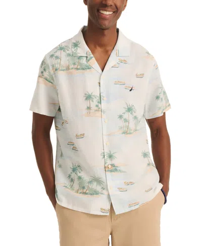 Nautica Men's Tropical Print Short Sleeve Button-front Camp Shirt In Bright White