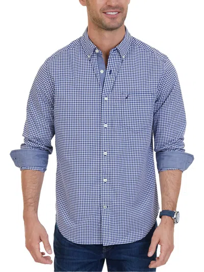 Nautica Men's Classic-fit Long-sleeve Gingham Check Poplin Shirt In Blue