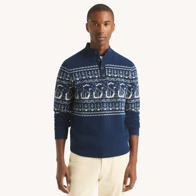 Nautica Mens Fair Isle Mock-neck Sweater In Blue
