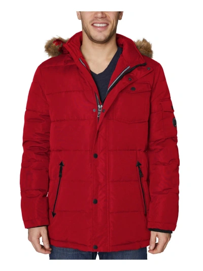 Nautica Mens Faux Fur Trim Quilted Parka Coat In Red
