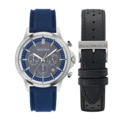 Nautica Mens Nct Blue Ocean Leather And Silicone Watch Box Set In Multi