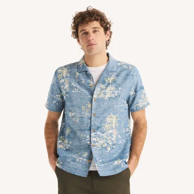 Nautica Mens Printed Short-sleeve Linen Camp Shirt In Blue