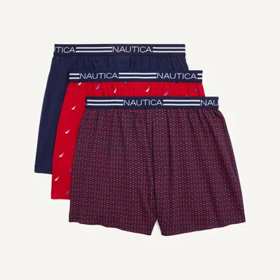Nautica Mens Solid Knit Boxers, 3-pack In Red