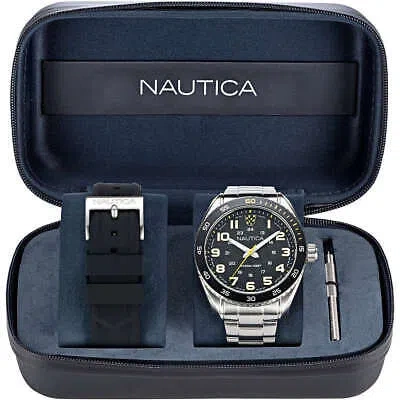 Pre-owned Nautica Mens Wristwatch + Watchband  Key Biscane Napkbs224 Stainless Steel Black