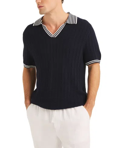 Nautica Men's Miami Vice X  Textured Short-sleeve Striped-trim Polo Sweater In Navy Seas