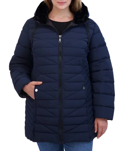 Nautica Plus Size Faux-fur-trim Hooded Packable Puffer Coat In Navy Seas