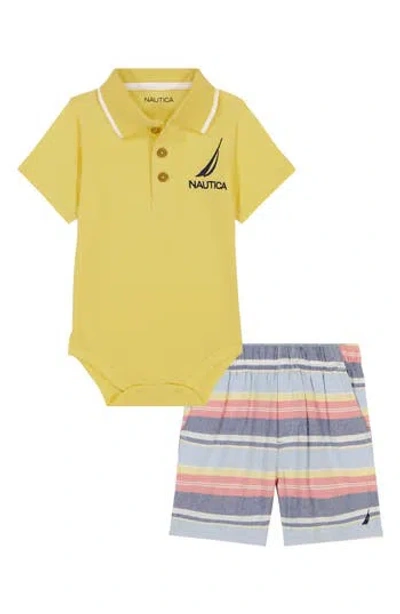 Nautica Babies'  Polo Bodysuit & Stripe Woven Shorts Set In Yellow Multi