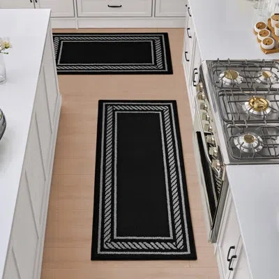 Nautica Rope Border Machine Washable All Loop Tufted Rugs In Black