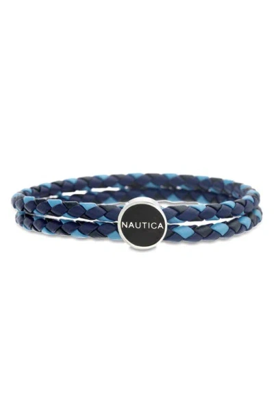 Nautica Stainless Steel Braided Leather Bracelet In Stainless Steel/ Blue