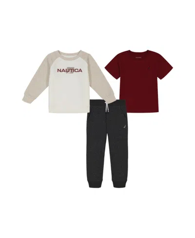 Nautica Kids' Toddler And Little Boys Short Sleeve Tee, Raglan Crewneck Heather Joggers Set In Rouge,vanilla Ice,stealth Heather