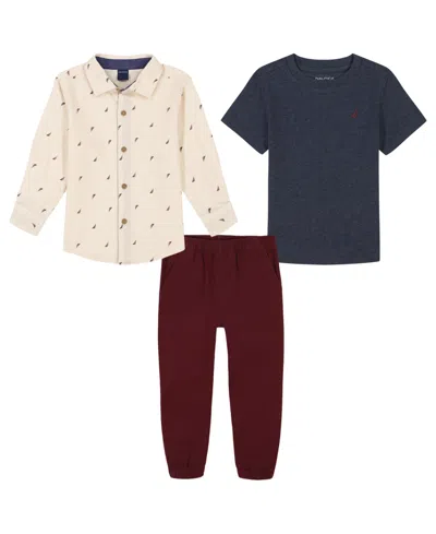 Nautica Toddler And Little Boys T-shirt, Logo Print Long Sleeve Shirt Twill Joggers Set In Cream,tawny Port