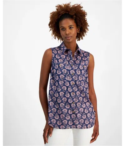 Nautica Top Women's Multi Paisley Print Button Front Sleeveless Fts1104 In Purple