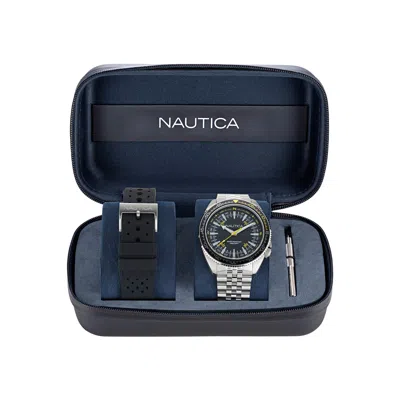 Nautica Vintage Stainless Steel And Silicone Watch Box Set In Silver