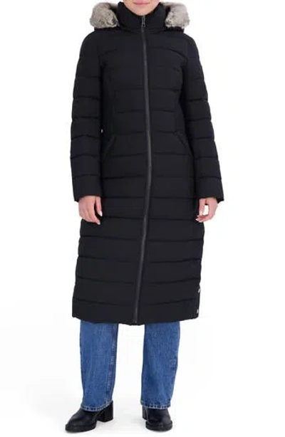 Nautica Water Resistant Faux Fur Trim Longline Puffer Coat In Black