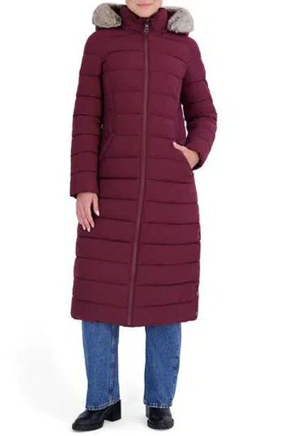 Nautica Water Resistant Faux Fur Trim Longline Puffer Coat In Burgundy