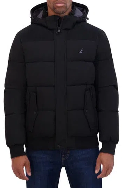 Nautica Water Resistant Mixed Media Bomber Jacket In Black