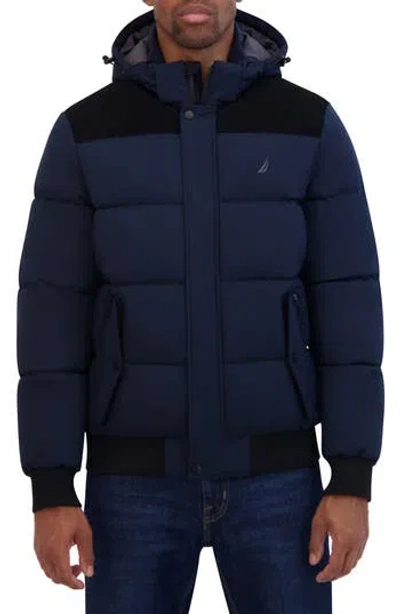 Nautica Water Resistant Mixed Media Bomber Jacket In Navy