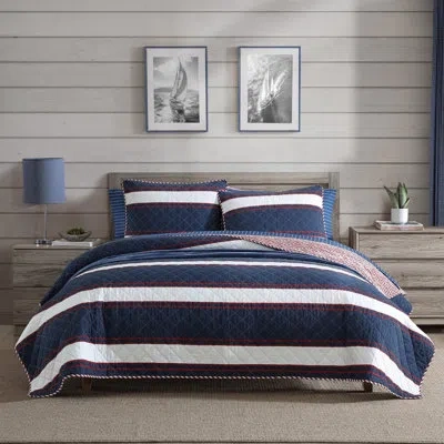 Nautica Wesley Blue Cotton Reversible Quilt Set In Red;navy