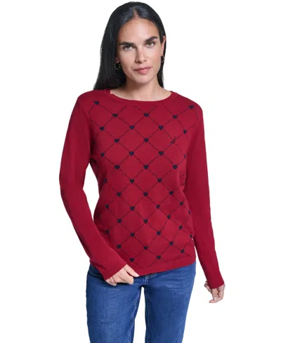 Nautica Women's Argyl Hearts Crewneck Long-sleeve Cotton Sweater In Crimson,night Sky