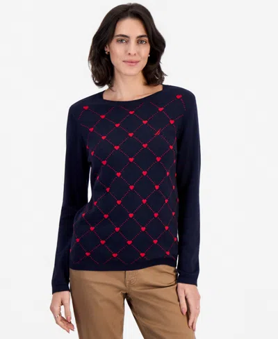 Nautica Women's Argyl Hearts Crewneck Long-sleeve Cotton Sweater In Blue
