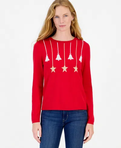 Nautica Women's Bells And Stars Holiday Ornament Sweater In Red