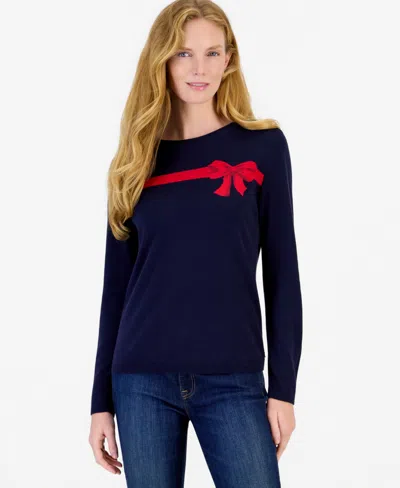 Nautica Women's Bow Jacquard Crewneck Holiday Sweater In Blue