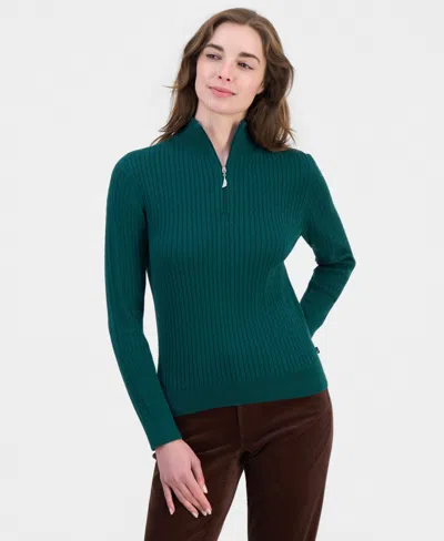Nautica Women's Cable-knit Half-zip Mock-neck Sweater In Dark Green