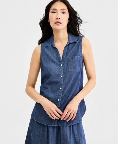 Nautica Women's Chambray Sleeveless Button-front Top In Blue