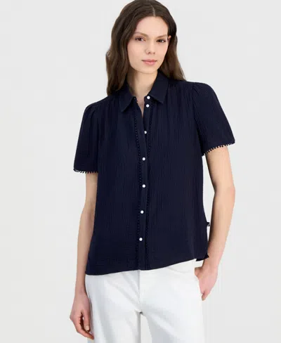 Nautica Women's Cotton Bobble-trim Short-sleeve Shirt In Blue