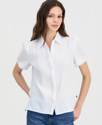 Nautica Women's Cotton Bobble-trim Short-sleeve Shirt In White