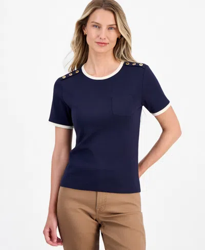 Nautica Women's Cotton Button-shoulder Ringer T-shirt In Blue