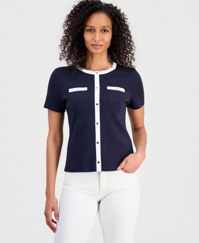 Nautica Women's Cotton Cardigan-look Short-sleeve Knit Top In Blue