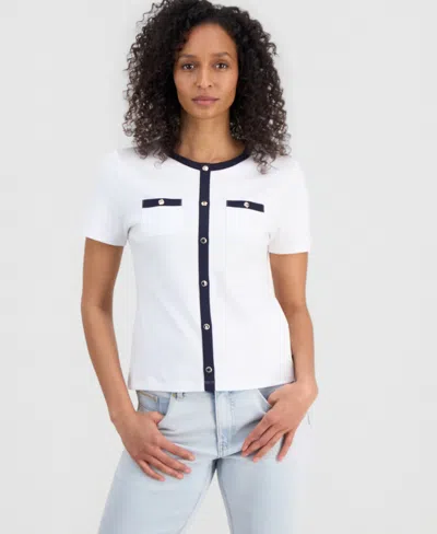 Nautica Women's Cotton Cardigan-look Short-sleeve Knit Top In White