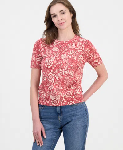 Nautica Women's Cotton Short-sleeve Floral Sweater In Pink