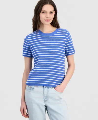 Nautica Women's Crewneck Short-sleeve Striped Sweater In Blue