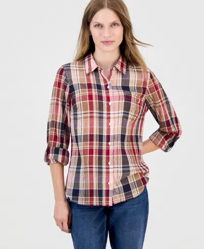 Nautica Women's Crinkle Plaid Roll-tab Shirt In Bridal Rose Multi