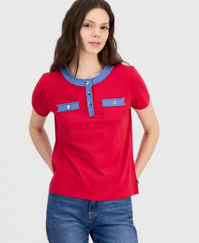 Nautica Women's Denim-trim Henley Short-sleeve Top In Red
