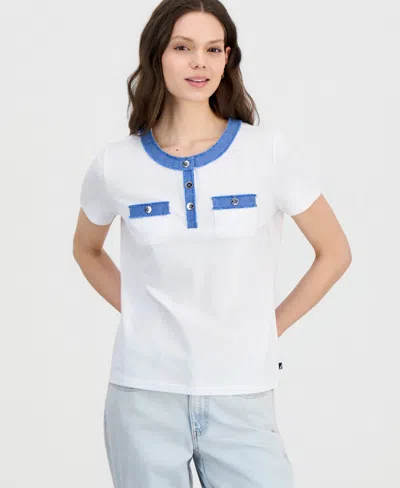 Nautica Women's Denim-trim Henley Short-sleeve Top In White