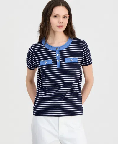 Nautica Women's Denim-trim Striped Henley Short-sleeve Top In Blue