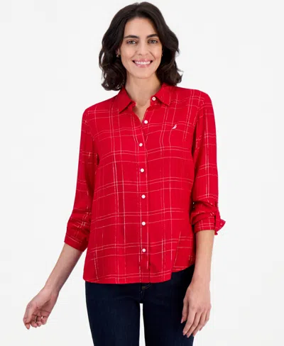 Nautica Women's Dunbar Plaid Roll-tab Blouse In Red