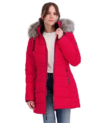 Nautica Women's Faux Fur Trim Hooded Puffer Coat In Red